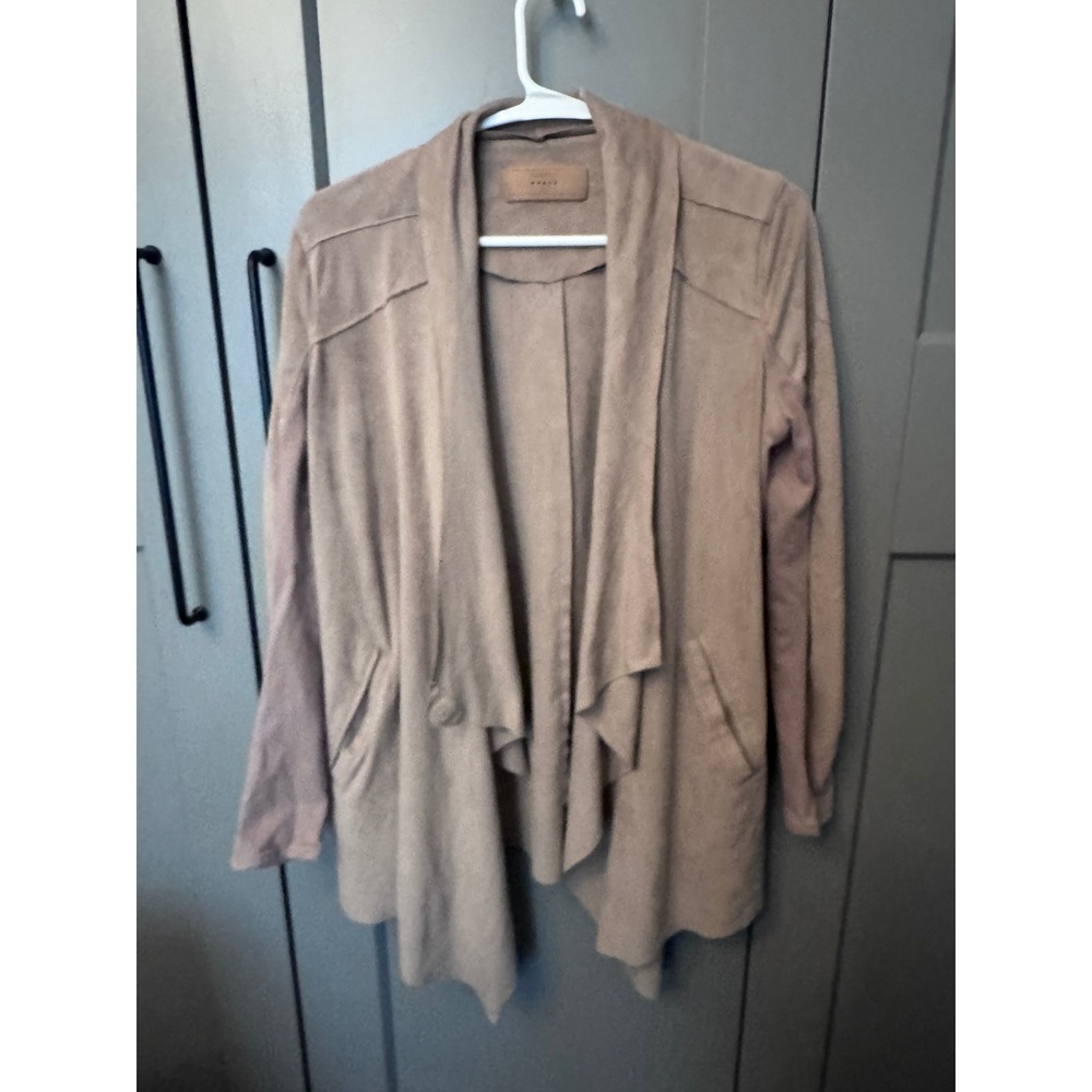 Blank NYC Faux Suede Draped Open Front Jacket Tan Taupe Small Snap Closure